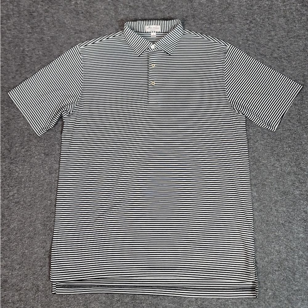 Peter Millar Crown Ease Mens Golf Polo Shirt  Size L BlacK White Cotton Striped
